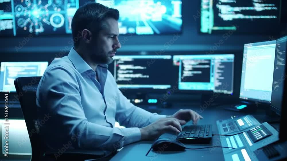 Poster professional coder typing codes surrounded by computer screens under blue neon lights in a futuristi