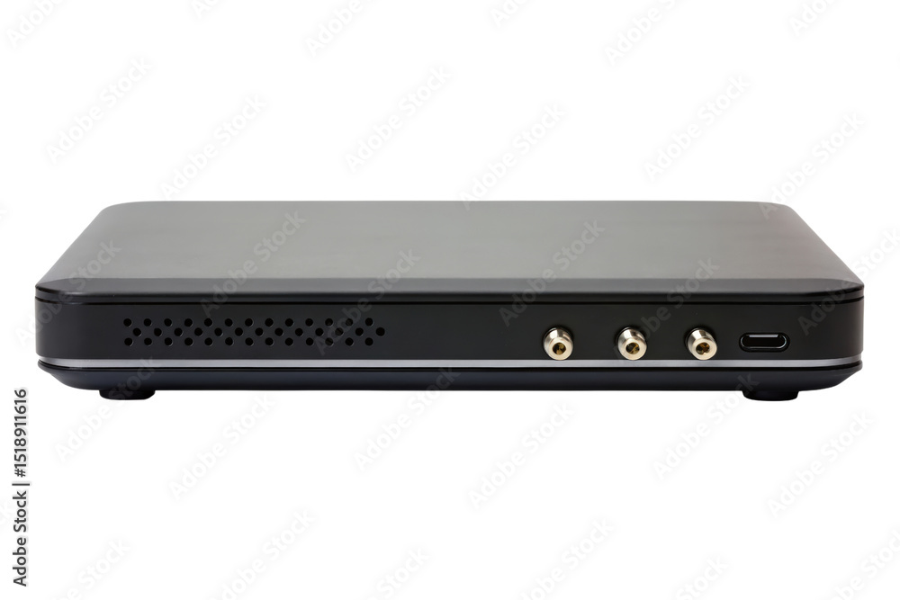 Poster rear view of a compact black electronic device isolated with transparent background