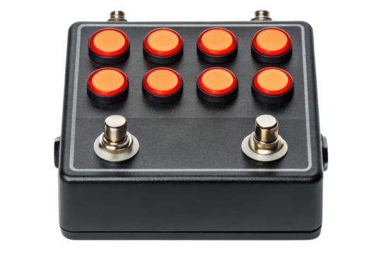 Black control box with multiple red buttons and metal switches isolated with transparent background