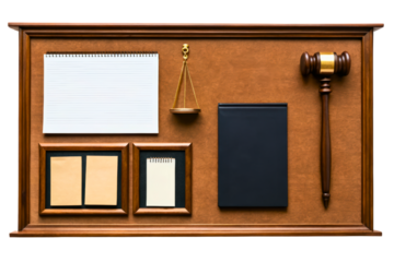 Wooden desktop organizer with legal-themed stationery items isolated with transparent background