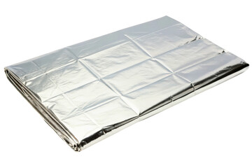 Folded silver thermal emergency blanket for survival kits isolated with transparent background