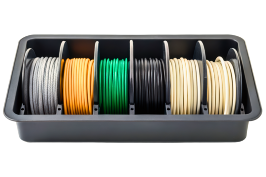 Assorted colorful 3D printer filament spools in an organizer isolated with transparent background