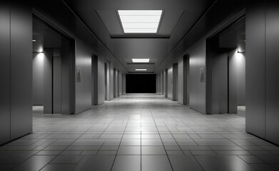A long, dimly lit hallway with tiled floors and evenly spaced doors on either side, leading to a dark, undefined space at the far end.  The lighting is minimal, creating a somewhat eerie atmosphere
