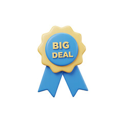 3D Render of a Big Deal Award Badge with Blue Ribbon: A Promotional Graphic for Sales and Discounts