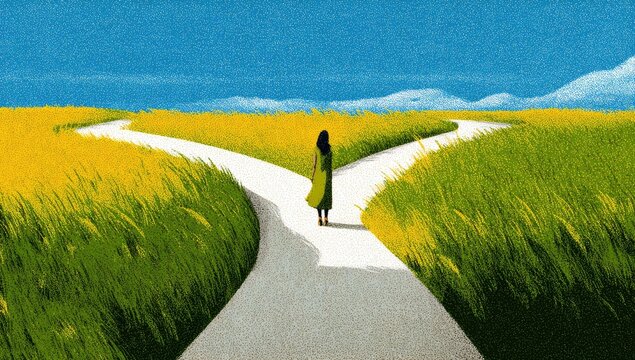A woman stands at a fork in a bright yellow field, facing away from the viewer, contemplating which path to take.  The sky is a clear blue