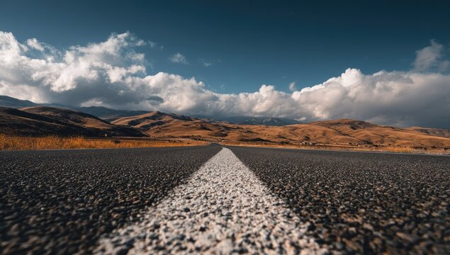 A scenic asphalt road stretches towards a mountainous landscape under a partly cloudy sky. The perspective is low to the ground, emphasizing the road's texture