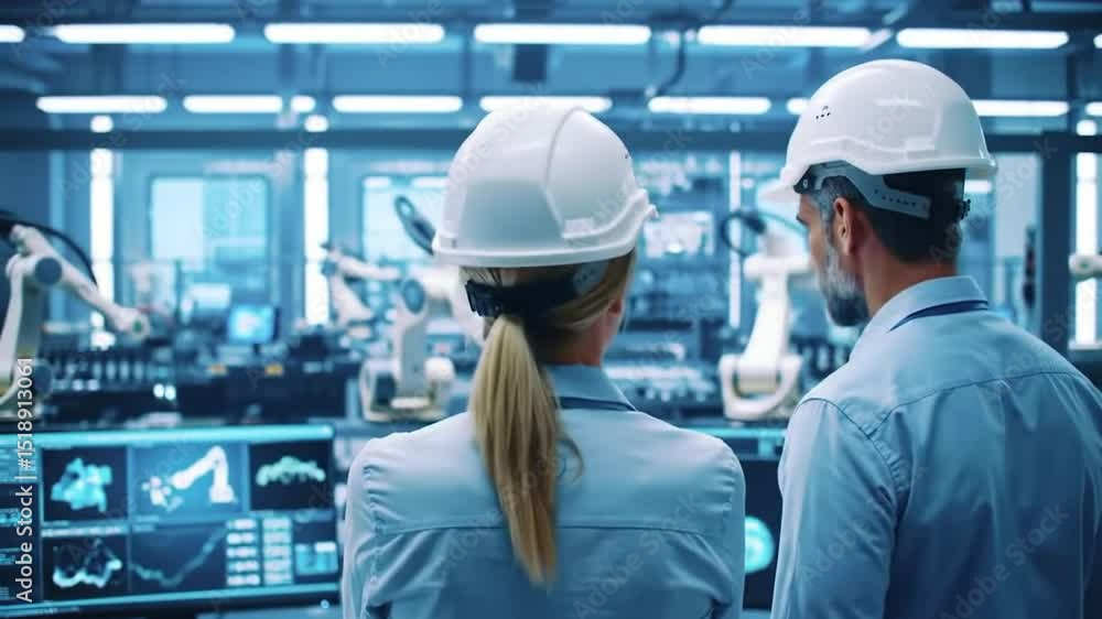 Aufkleber technicians observe robotic arms in blue lit factory with graphs on screen wearing white hard hats