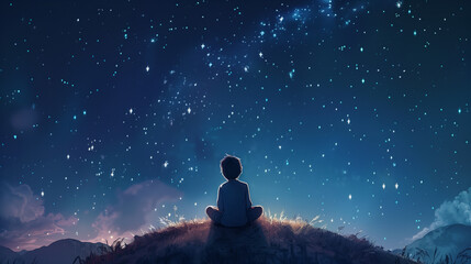 Young child sits on hill watching starry sky at night. Boy looking stars, galaxy. Astrology, astronomy, cosmic exploration, universe observation, science, wonder, space, dream, .