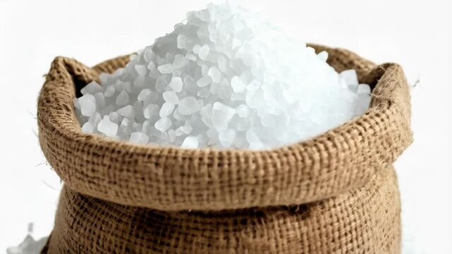 Coarse white crystals piled high inside a burlap bag sitting on a bed of the same crystals against a plain white background.