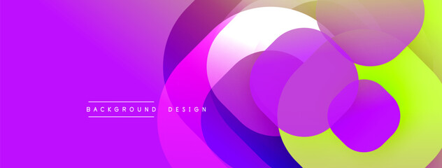 Abstract vibrant circles overlap purple, yellow gradients. Modern design suggests energy, movement, innovation. Background text reads background design.