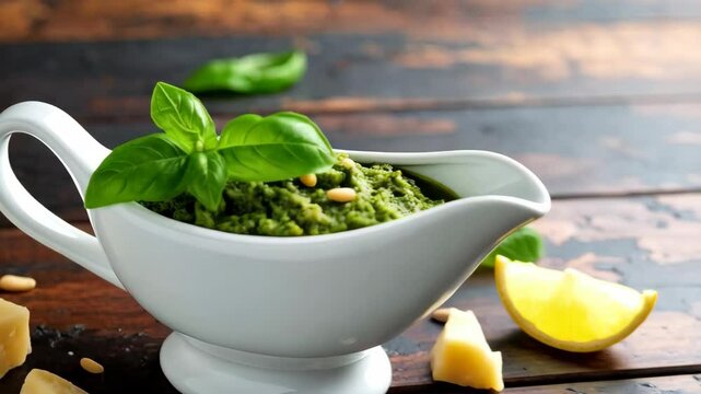 Vibrant green pesto sauce in a white serving dish, garnished with fresh basil leaves and pine nuts, on rustic wooden background.
