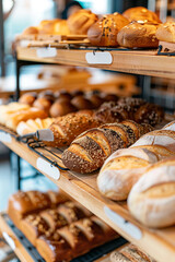  Close-up of various fresh breads displayed artistically on bakery shelves