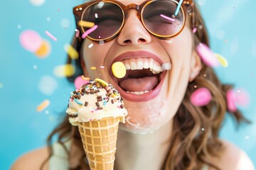 Joyful Indulgence: Woman Enjoys Ice Cream with Sprinkles