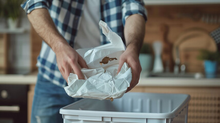 Young man putting crumpled paper into garbage bin at home, closeup. Global Recycling Day .
