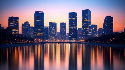 Fototapeta premium City skyline at sunset, reflected in calm water. Illuminated buildings at dusk