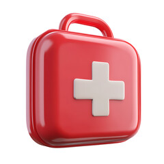 Fototapeta premium Bright red first aid kit or medical case with a prominent white cross emblem shown from the front, isolated on a clean white surface.