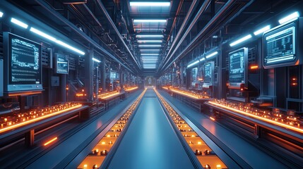 Obraz premium A futuristic manufacturing hub with holographic AI-assisted production lines