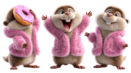 Cute furry character in pink robe with donut, playful and cheerful expressions