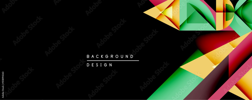 Poster abstract geometric shapes overlap, creating vibrant color blocks. design features yellow, green, red