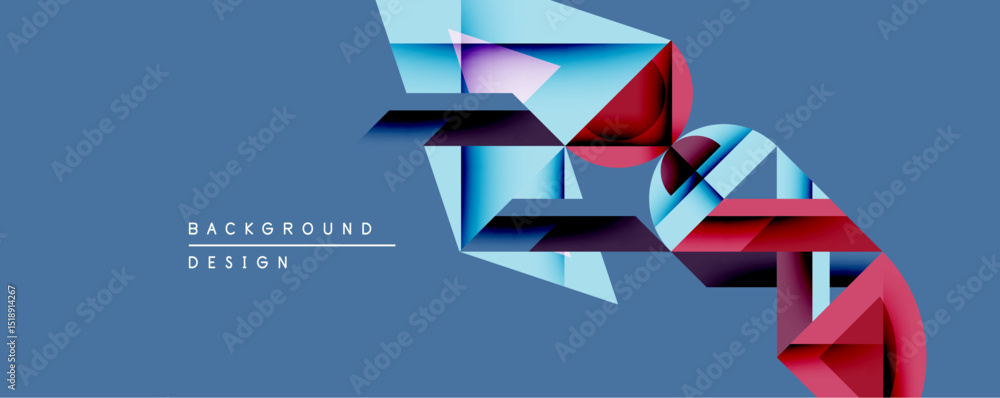 Poster abstract geometric shapes overlap, creating dynamic composition. blue, red, light blue hues dominate