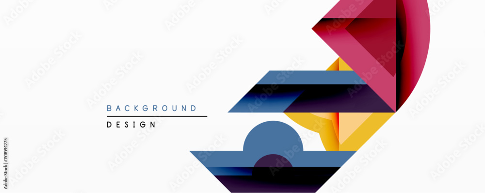 Poster abstract geometric shapes overlap, creating dynamic composition. colors include purple, blue, yellow