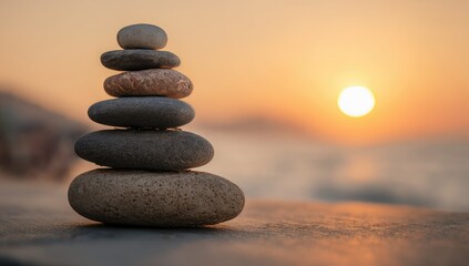 A carefully balanced stack of smooth, grey and brown stones rests on a surface near a calm ocean, with a vibrant orange sunset in the background