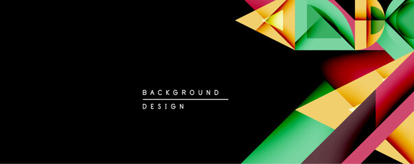 Abstract geometric shapes overlap, creating vibrant color blocks. Design features yellow, green, red, magenta hues against black backdrop. Modern aesthetic.