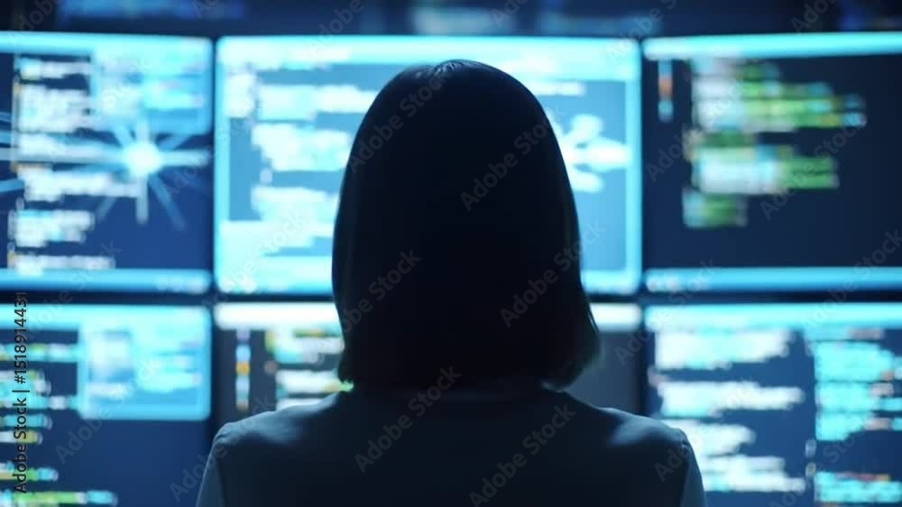 Poster woman facing multiple blue lit computer screens displaying data and code for cybersecurity and progr