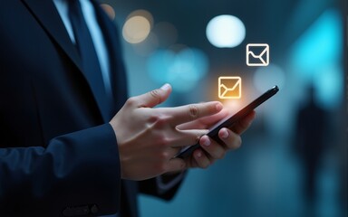 Business email communication in the digital age new messages and alerts. Inbox with email Marketing Strategy and Notifications. internet technology. businessman using smartphone with email.