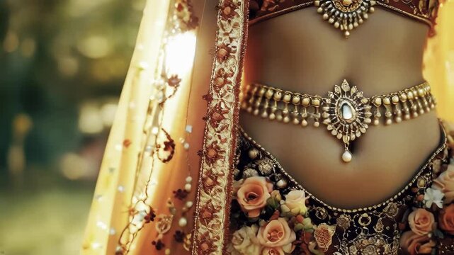 A midsection shot of an Indian bride highlighting the intricate details of her bridal lehenga (traditional skirt) and ornate waistband.