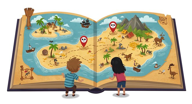 Children look at treasure map illustration