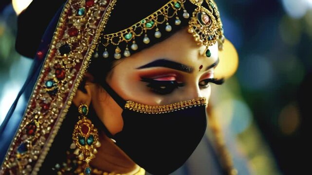A dramatic portrait of a bride wearing a black face mask, contrasting with her traditional red and gold bridal attire. Her eyes are heavily lined with kohl, creating an intense and captivating gaze.