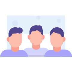 Fototapeta premium Three faceless cartoon men with purple hair and light purple shirts.