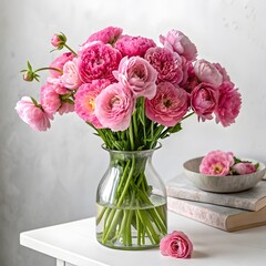 "Elegant pink peonies in a ceramic vase with soft natural lighting on a neutral background."

