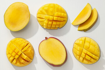 Ripe sliced mango on a white background