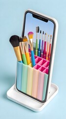 Naklejka premium Fresh makeup brush holder mockup displayed on a sky blue backdrop, combining clean lines with colorful accents for contemporary cosmetic organization.