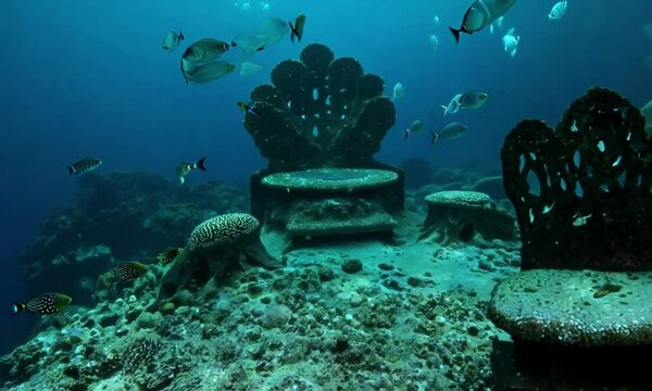 A throne made of ancient black coral at the bottom of a deep ocean trench, surrounded by slowly swimming anglerfish and spiral-shaped shells embedded in the sand