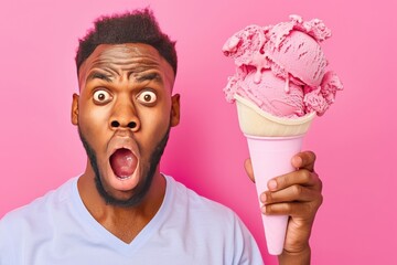 Shocked Man Holding Enormous Pink Ice Cream Cone