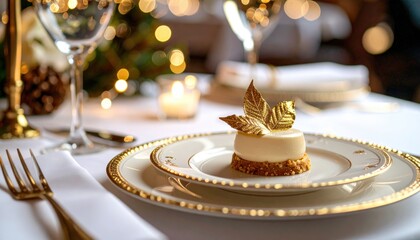 A beautifully presented dessert featuring a creamy white cake topped with decorative golden leaves, set elegantly on a fine china plate.