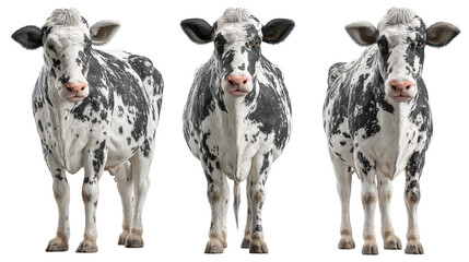 Group of Three Black and White Spotted Cows Standing in a Farmyard Setting