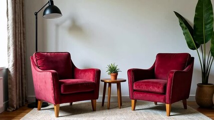 Two burgundy velvet armchairs in a modern living room setting. Design of room with minimalist furniture and trendy color combination - Powered by Adobe