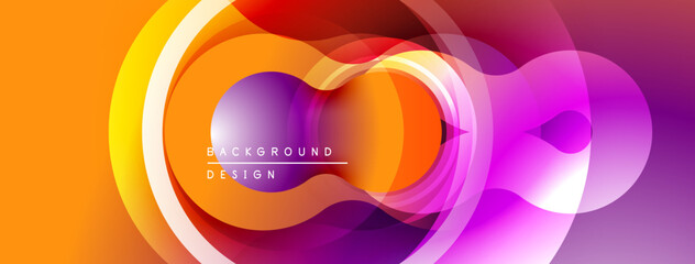 Abstract vibrant circles, flowing shapes. Gradient colors blend smoothly, creating modern design element. Orange, purple hues dominate composition.
