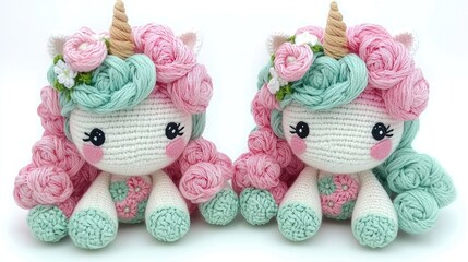 Two Crochet Unicorn Dolls with Flowers and Curly Yarn Mane
