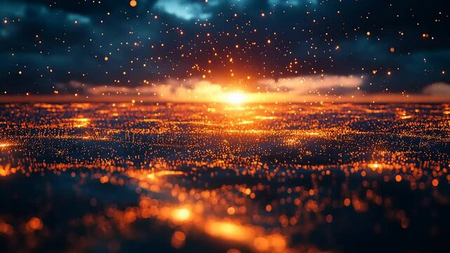 Golden lightscape of a distant city at sunrise