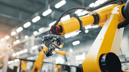 Robotic arm assembling car parts, showcasing precision and efficiency in modern manufacturing.