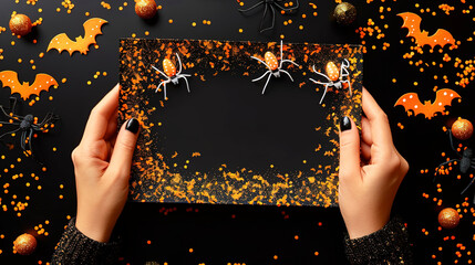 Spider on Halloween Template Card Black Background 