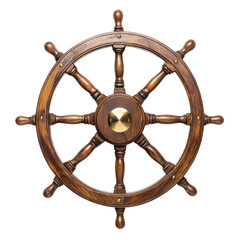 Classic wooden ship wheel, symbolizing navigation and adventure, features polished brass center and sturdy spokes, perfect for maritime decor