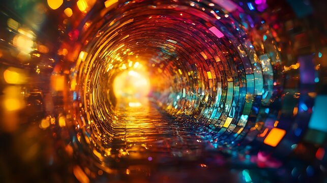 Prismatic passage: An abstract tunnel of reflective geometric shapes and bright light