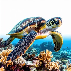 A vibrant sea turtle glides gracefully over a colorful coral reef teeming with marine life in a pristine underwater ecosystem illuminated by sunlight.