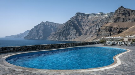 Fototapeta premium Scenic swimming pool overlooking the ocean and mountains.